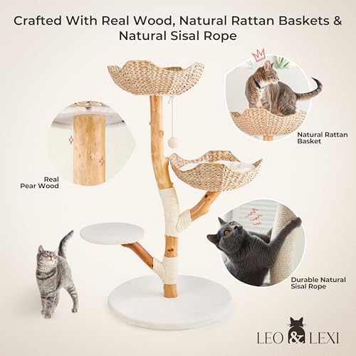 Real Wood Modern Cat Tree Tower, Cat Scratching Post with Bed for Indoor Cats Large Adult, Solid Wooden Climbing Tower, Cute Wicker Condo