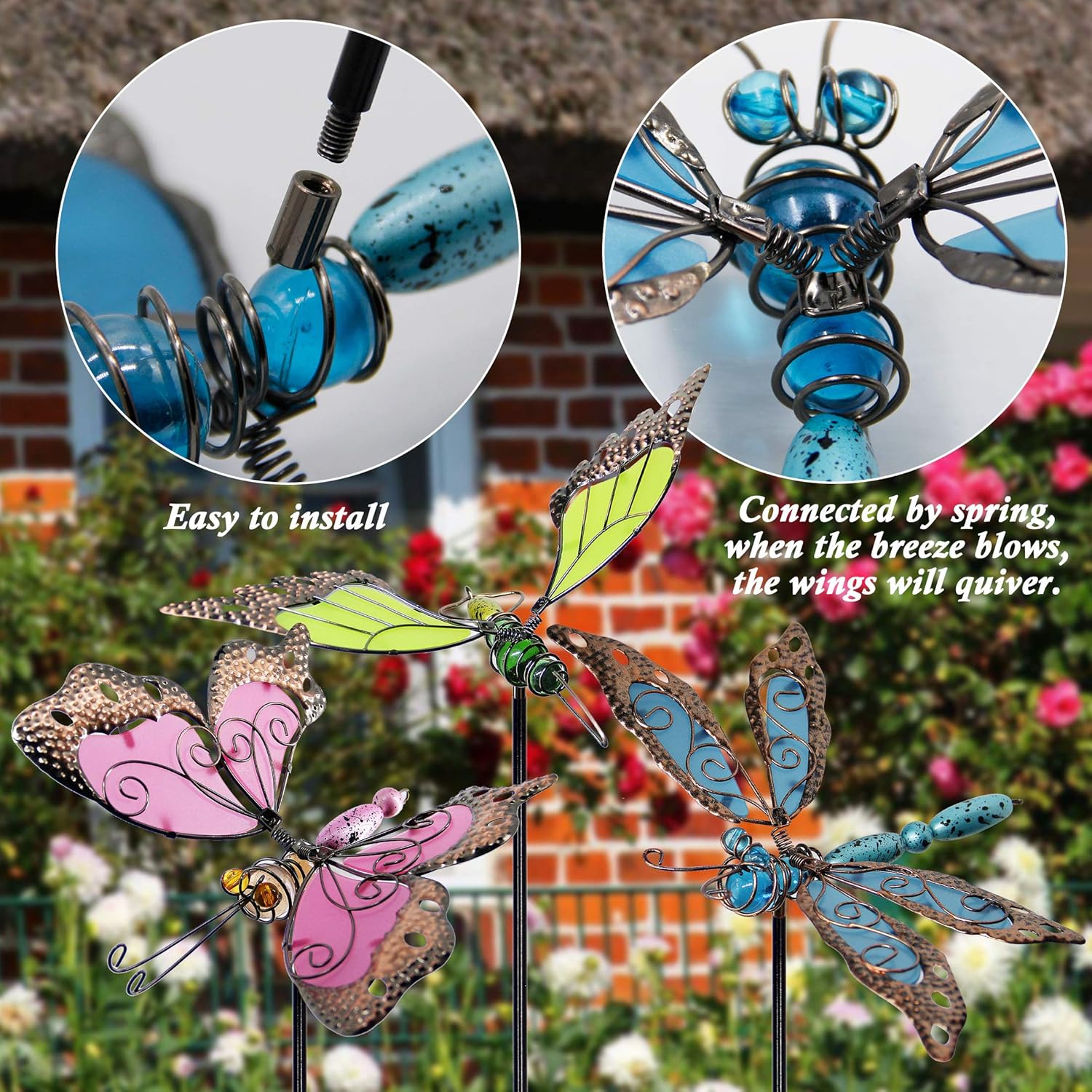 Juegoal 34 Inch Butterfly Garden Stakes Decor, Dragonfly Hummingbird Stakes, Glow in Dark Metal Yard Art for Mom, Mothers Day Ideal Gifts