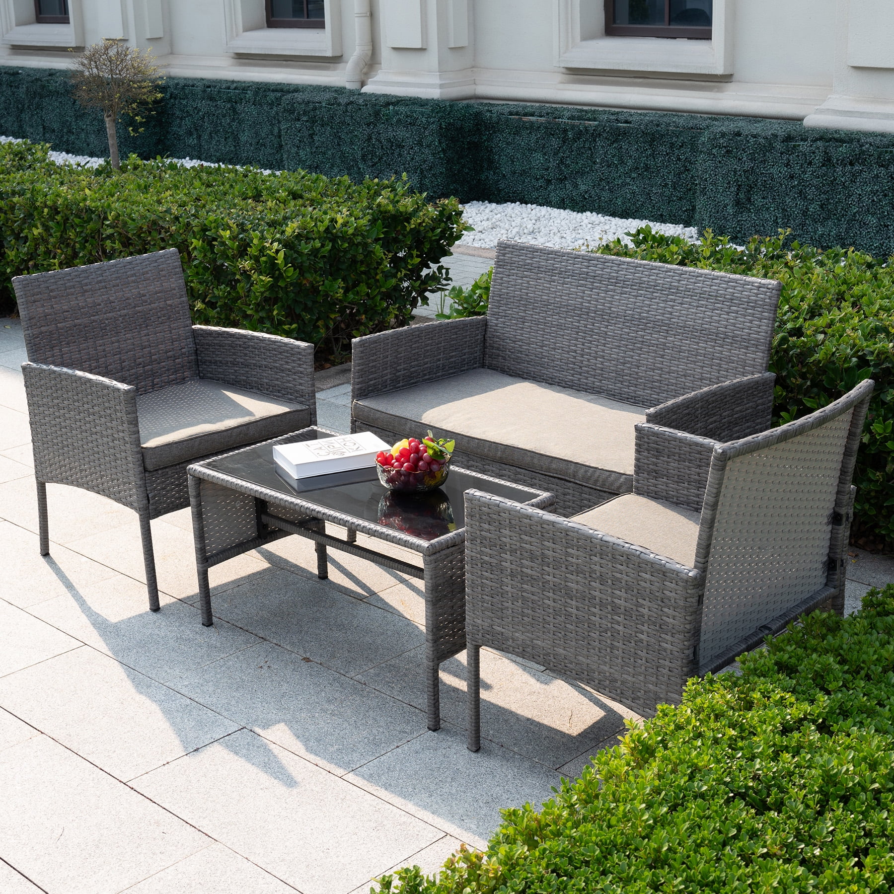 Tappio 4 Piece Patio Conversation Wicker Furniture Set, Outdoor Patio Sectional Furniture Set w/Glass-Top Coffee Table & Gray Cushions