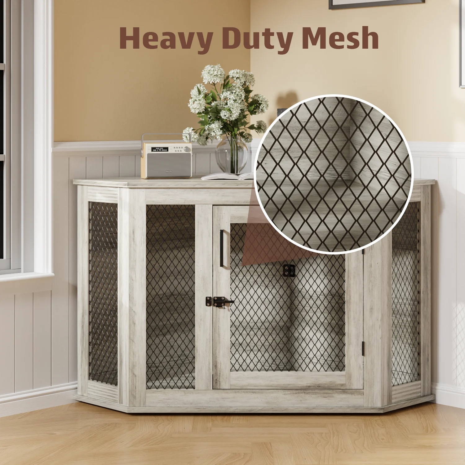 Bossin 44"Corner Dog Crate Furniture，Wooden Dog Kennel Indoor Furniture，Decorative Dog Crate