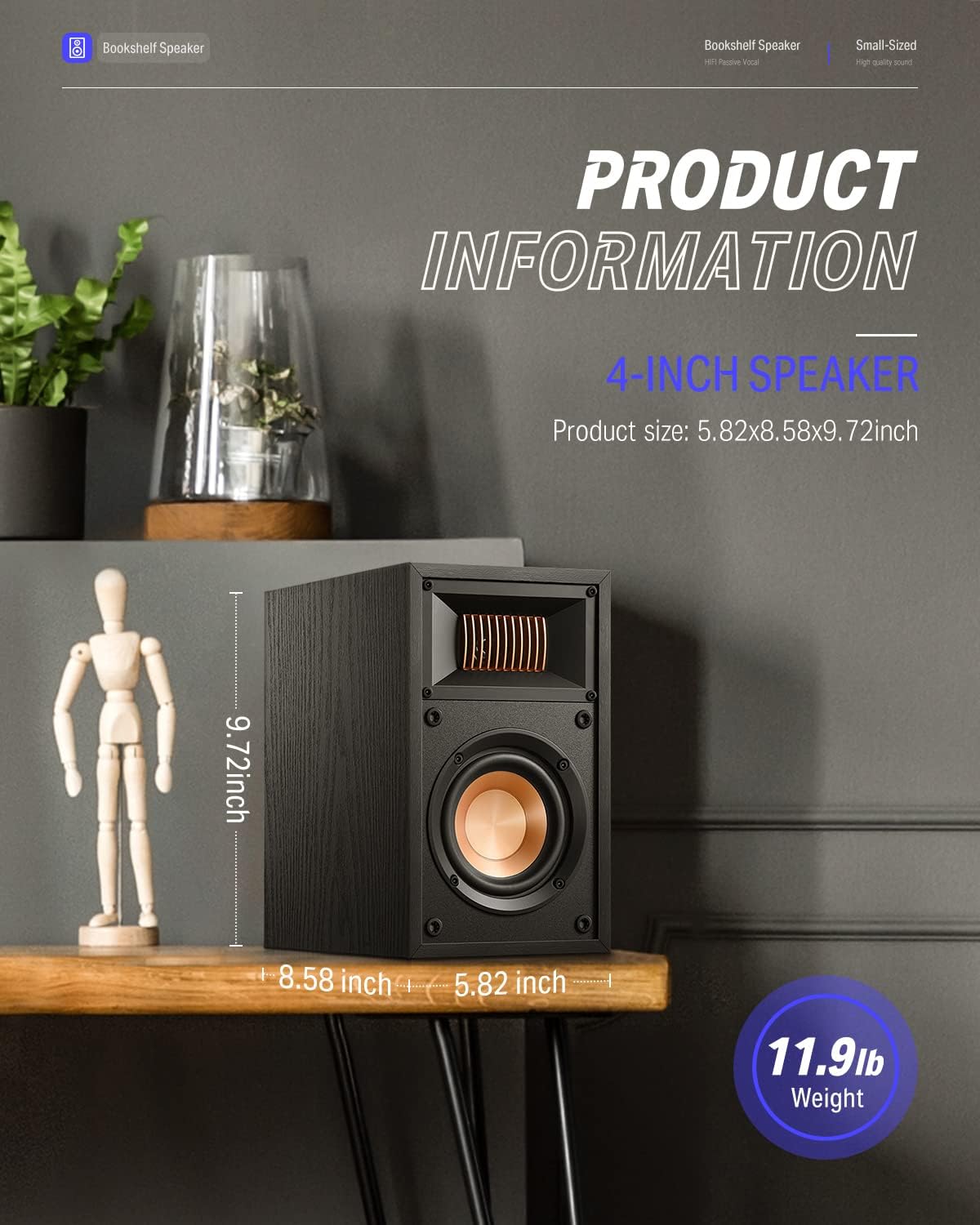 Donner HiFi Vocal Passive Bookshelf Speakers - Home Surround Sound Stereo Speakers
