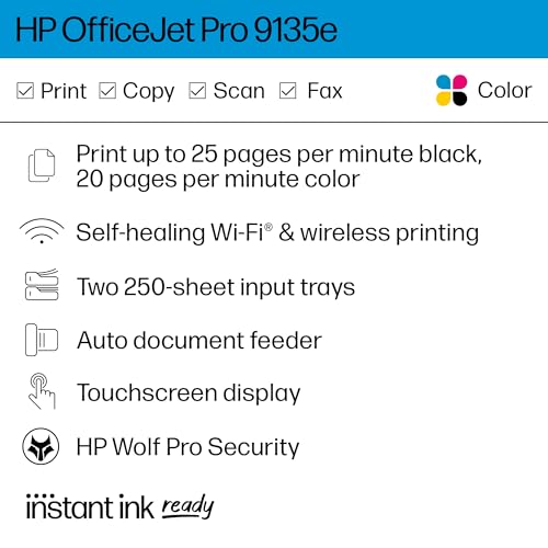 HP OfficeJet Pro 9135e All-in-One Printer, Color, Printer-for-Small Medium Business, Print, Copy, scan, fax