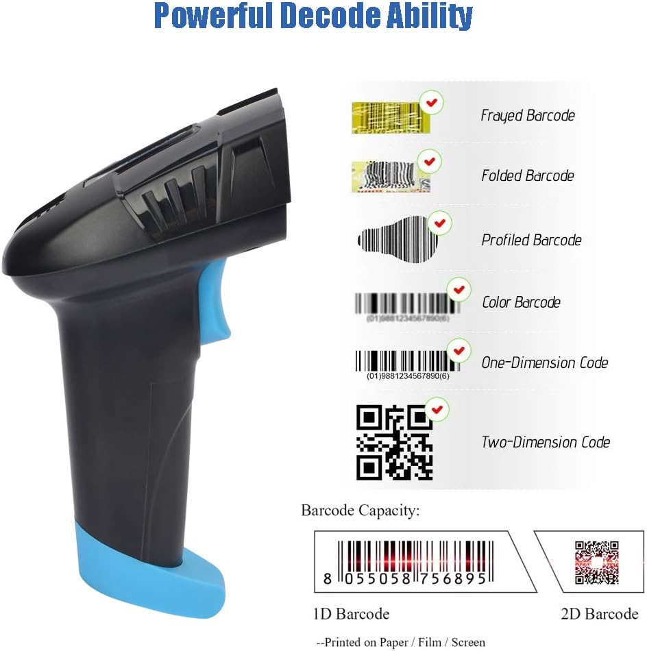REALINN Cordless Barcode Scanner 2D QR Code Bar Code Reader with USB Cradle 328ft Transmission Distance CMOS Imager Data Matrix PDF417 UPC Scanners