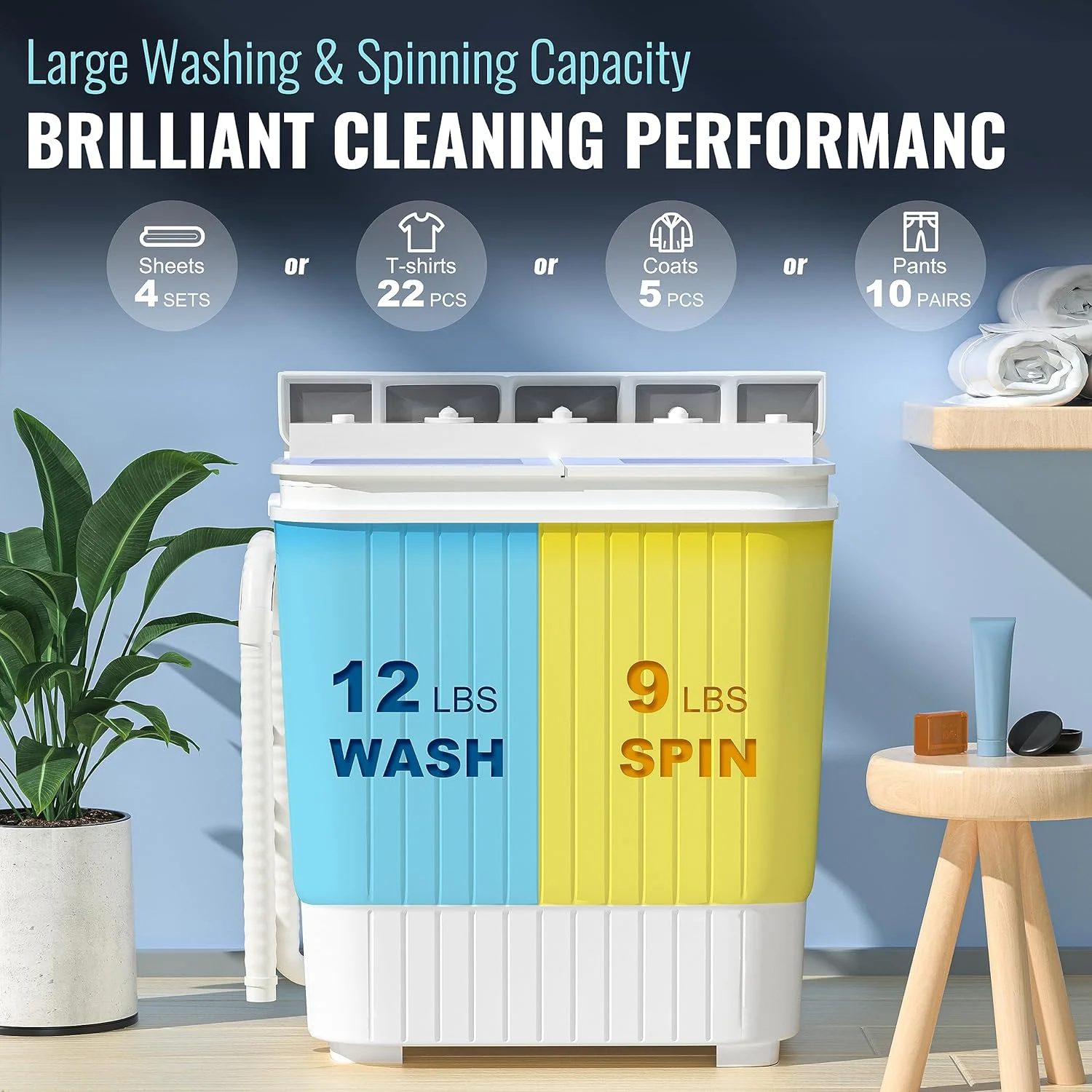 AUCHI Portable Washing Machine, 2 In 1 Small Washing Machine and Spin Dryer Combo, 14.5lbs Compact Mini Twin Tub Washing Machine for Camping