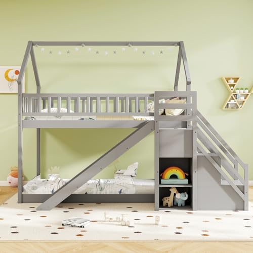 Giantex House Bunk Bed Twin Over Twin with Slide & Stairs, Wood Bunk Bed with Storage Shelves, No Box Spring Needed