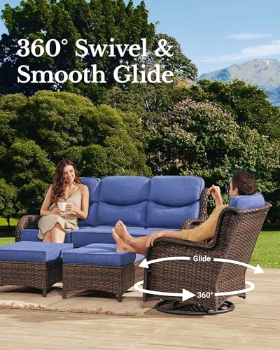 Luxury Patio Furniture Set with 6-inch Thick Cushion, Outdoor Couch and High Back Swivel Rocker Patio Chairs, 7PCS Wicker Conversation Set for Deck