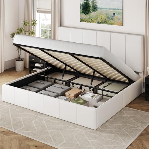 Allewie Queen Size Velvet Lift Up Storage Bed Frame, Vertical Channel Tufted Headboard, Hydrualic Underneath Storage, Upholstered Platform Bed