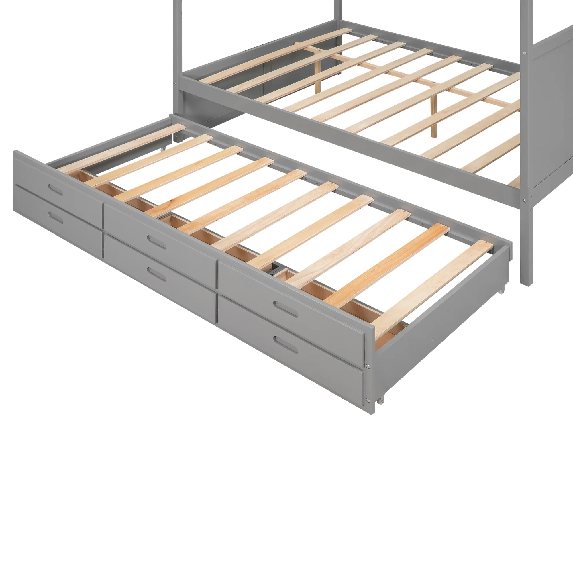 Bellemave Queen Size Canopy Bed with Twin Size Trundle and 3 Storage Drawers, Queen Platform Bed with Headboard, Wood Queen Bed Frame for Kids, Teens