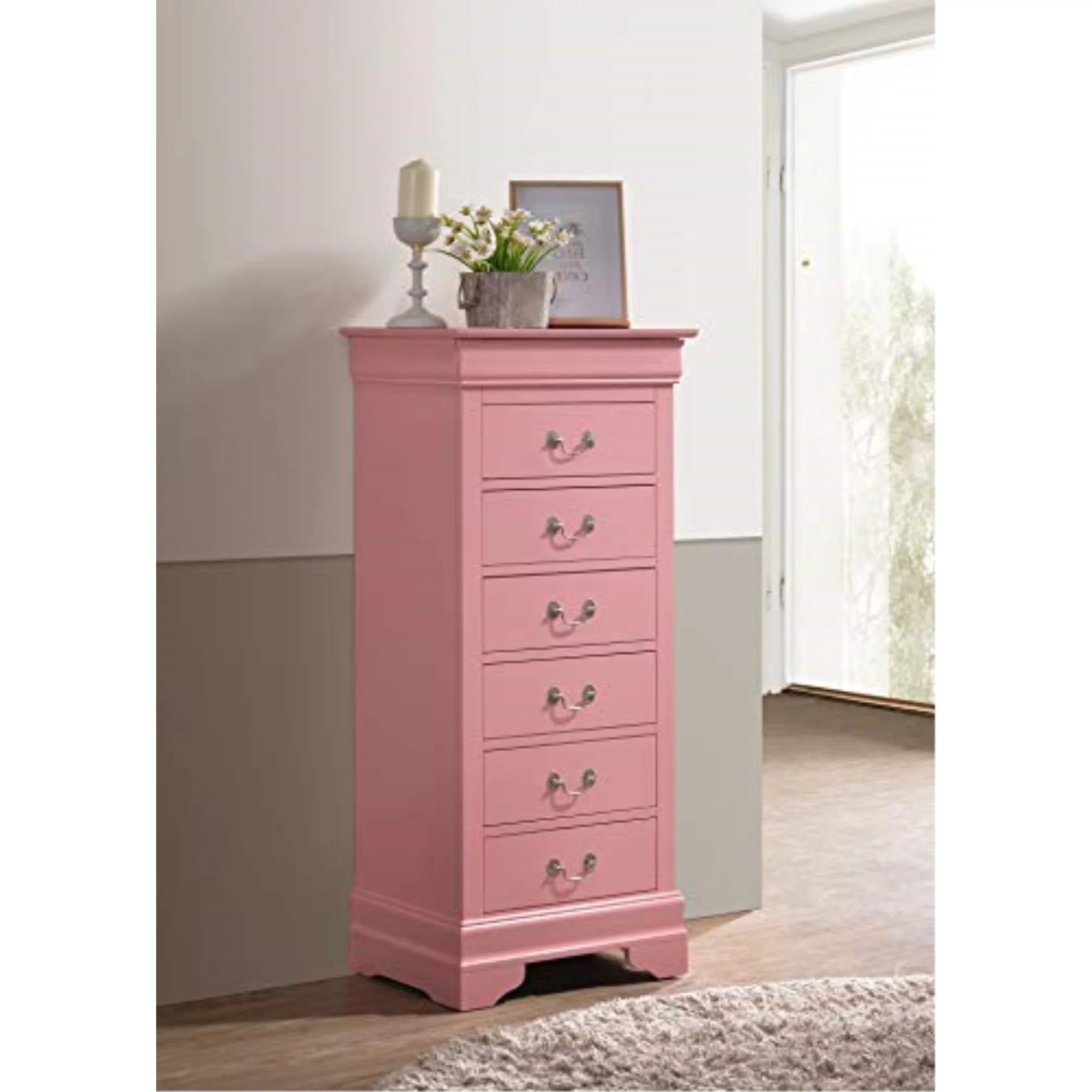Glory Furniture Louis Phillipe 7 Drawer Lingerie Chest in Pink
