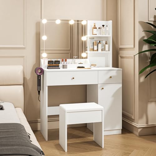 Vanity Desk with Mirror and Lights Dimmable LED Makeup Table with Drawers Side Cabinet 3 Storage Shelves Power Outlet Dressing Table Set Include