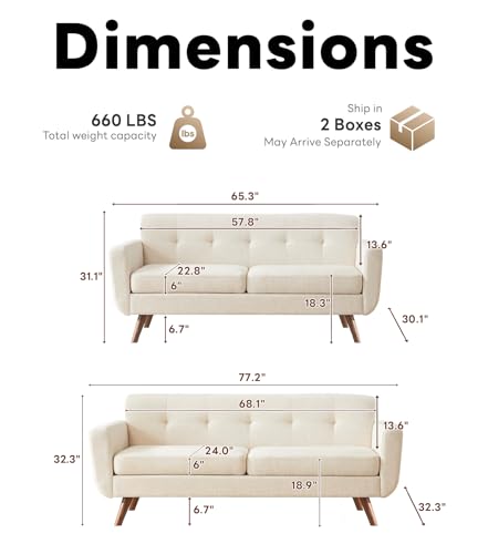 Tbfit L Shaped Couch Sofa, 80" W Mid-Century Modern Sectional Couches, 3 Seater Sofas with Wide Chaise Lounge & Two Pillows