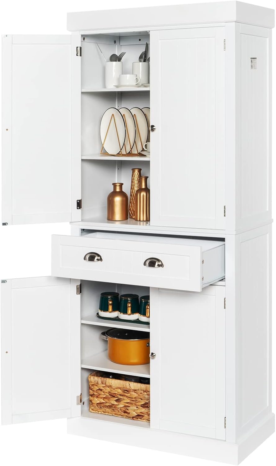 VINGLI 72" Tall Pantry Cabinet, Freestanding Kitchen Pantry Storage Cabinet with Doors and Shelves Adjustable, Wood Pantry with Drawer for Kitchen