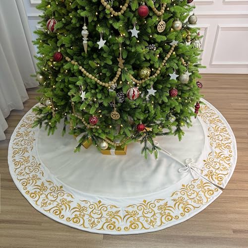 72-Inch Victorian Velvet Christmas Tree Skirt with Gold Damask Embroidery and Plush Lace Ties, Burgundy