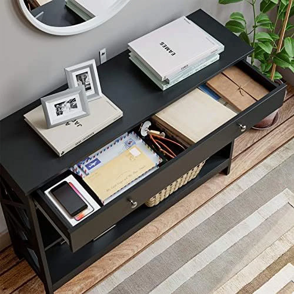 3-Tier Console Table with 1 Drawer and 2 Open Shelves  Narrow Wood Hallway Table Entry Table  X-Shaped Side Sofa Table for Living Room  Easy Assembly