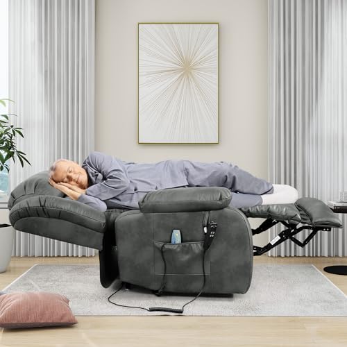 EDILLY Large Genuine Leather Power Lift Recliner Chairs for Elderly, Dual Motor with Massage and Heating,Double Lumbar Cushion and Extended Footrest