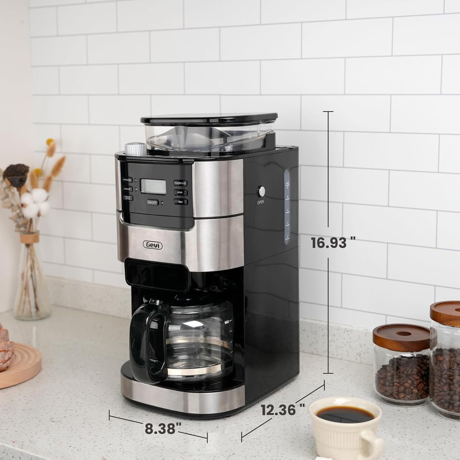 Gevi 10-Cup Drip Coffee Maker with Built-in Grinder, Programmable Brew Coffee Machine with Timer, Reusable Filter, 1.5L Water Tank, Coffee Pot