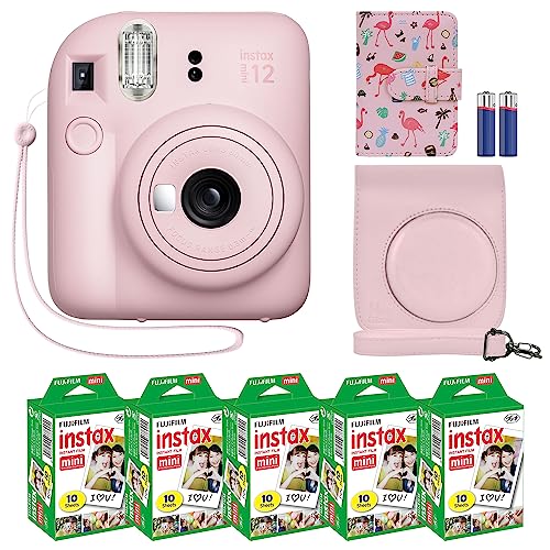 Fujifilm Instax Mini 12 Instant Camera + MiniMate Accessory Bundle & Compatible Custom Case + Fuji Instax Film Value Pack (50 Sheets) Flamingo