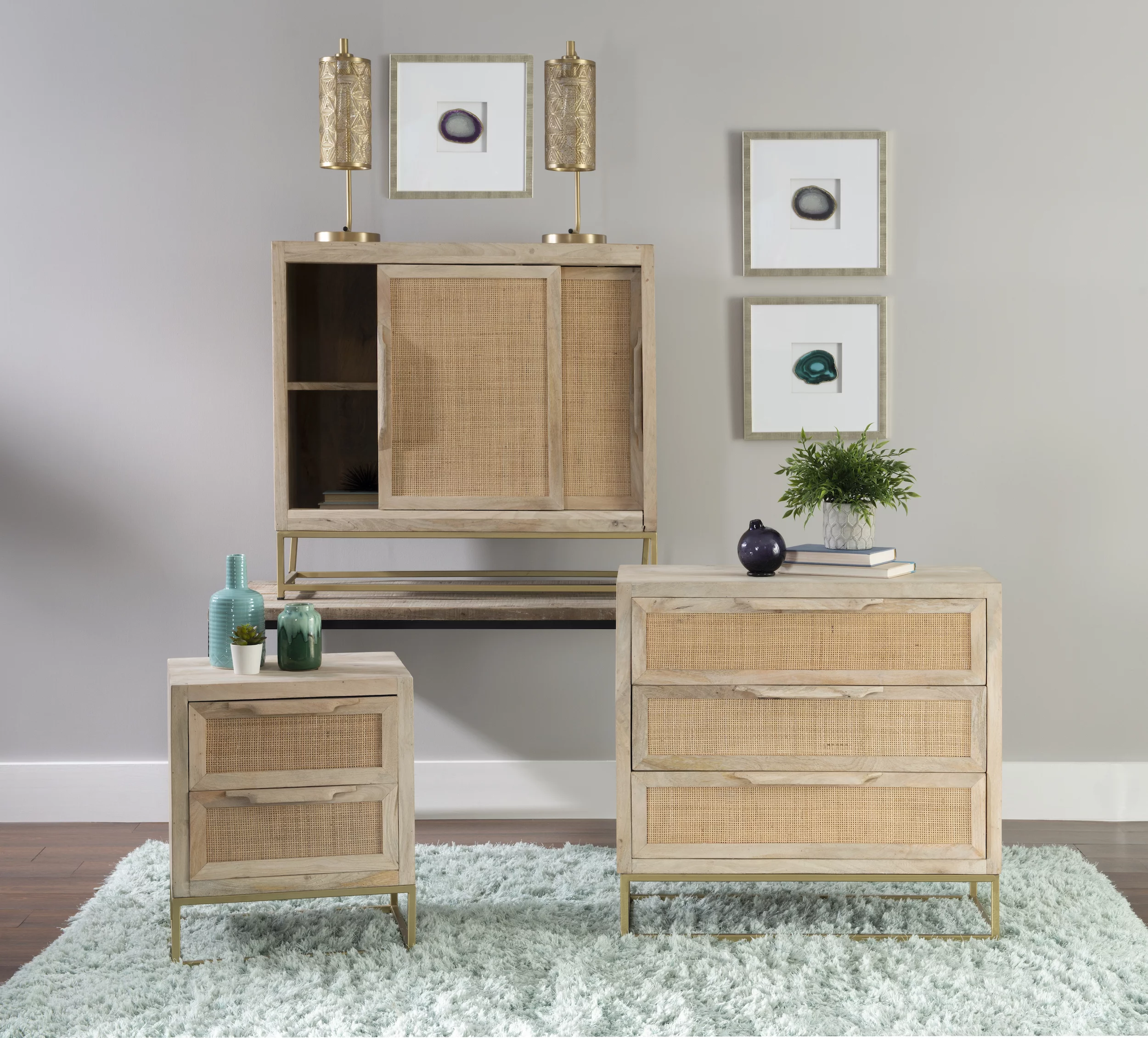 Blair Rattan Sliding Doors Cabinet with Shelves, Natural and Gold