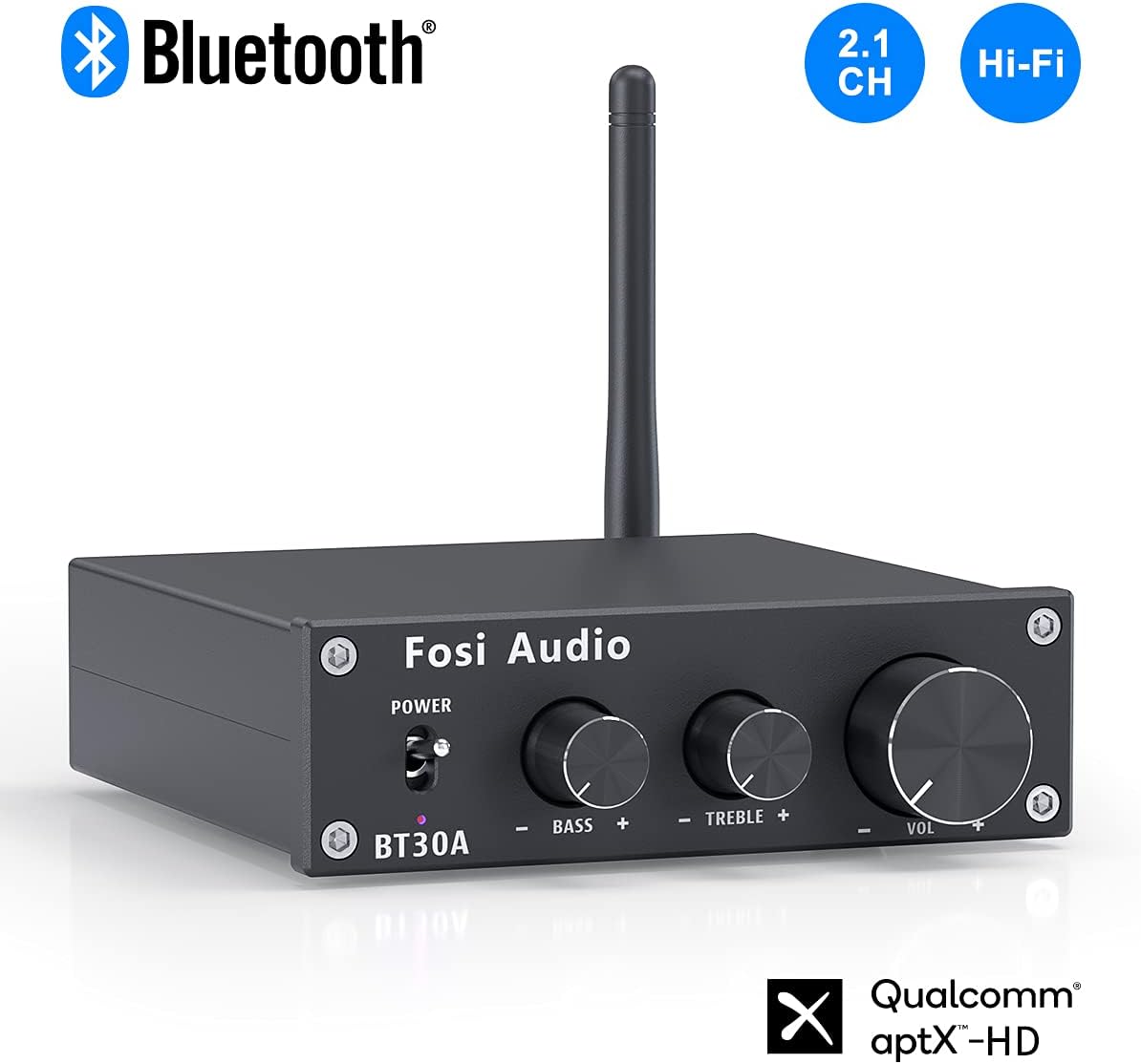 Fosi Audio BT30A Bluetooth 5.0 Stereo Audio Amplifier 2.1 Channel Receiver Class D Mini Hi-Fi Integrated Digital Amp with Bass and Treble Control