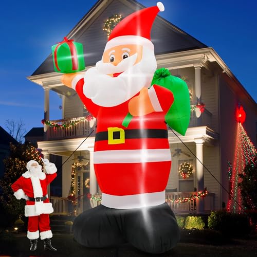 15FT Christmas Inflatables, Giant Inflatable Santa Claus Holding Gift Bags, Blow Up Christmas Santa Claus with 8pcs LED