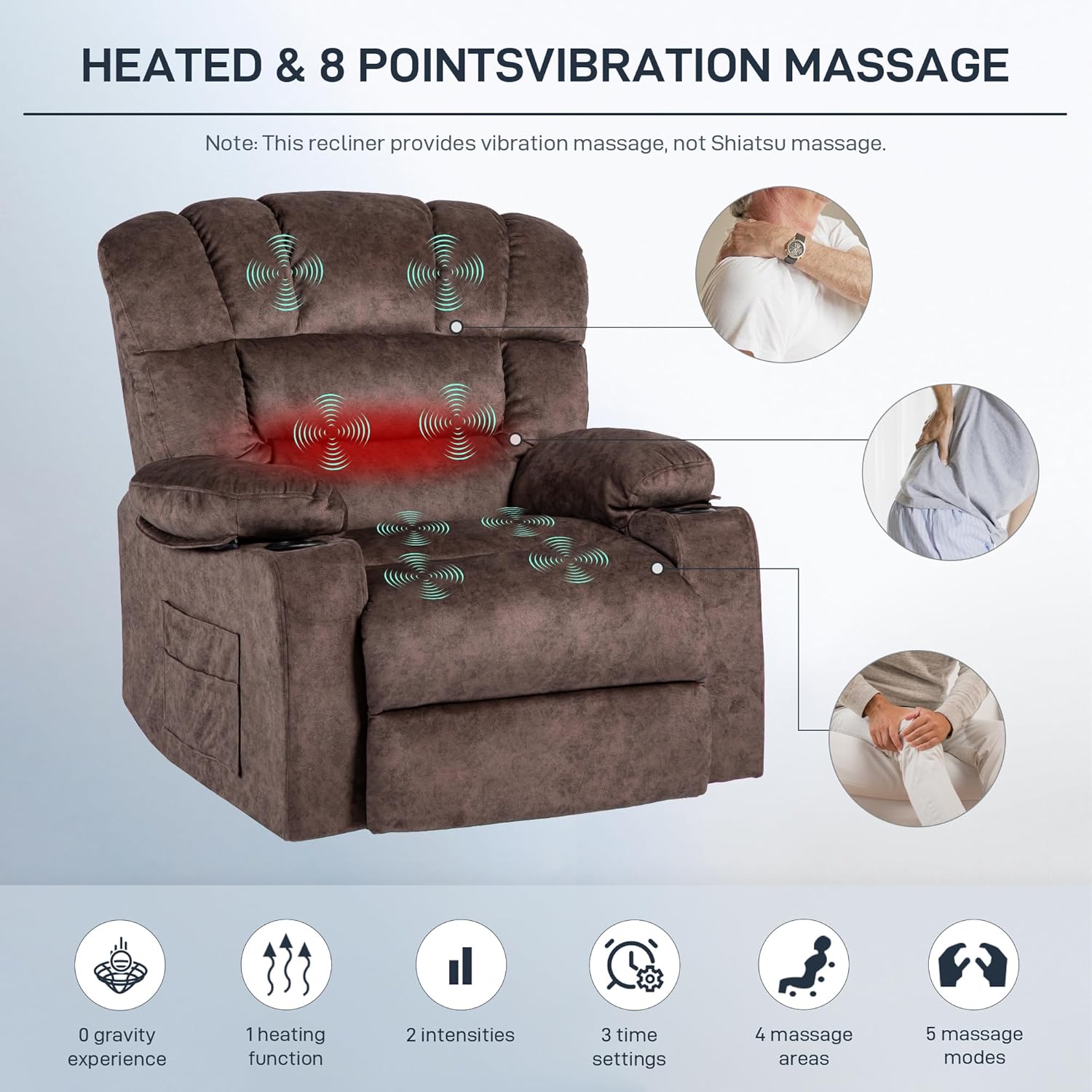 Recliner Chair Massage Heated Modern Ergonomic Lounge Single Sofa Seat Living Room Gravity Recliners Elastic Foam Filling 2 Cup Holders & Side Pocket