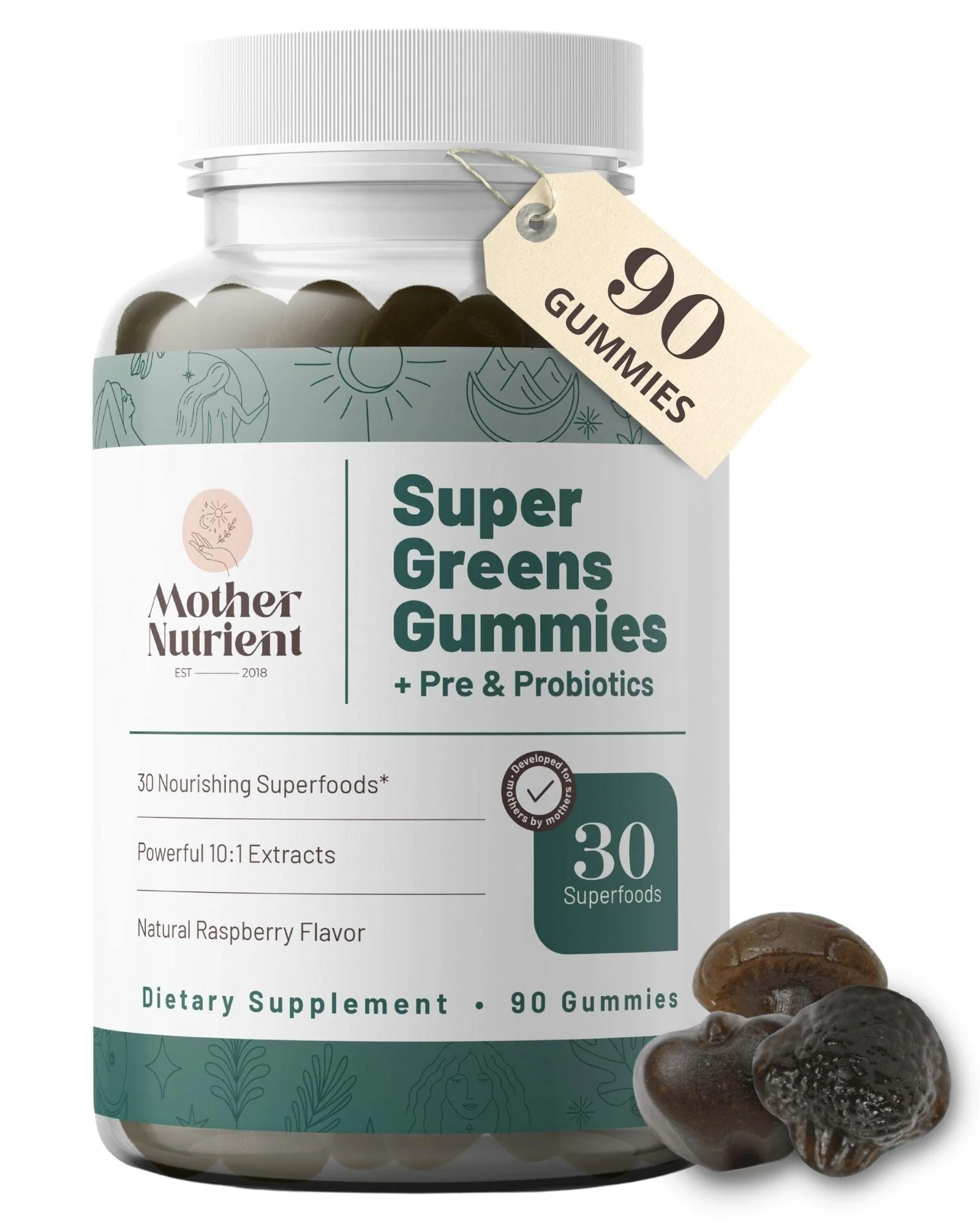 Mother Nutrient Super Greens Gummies for Women, Adults - with Prebiotics & Probiotics, Not 8, but 30 Powerful Greens Superfoods