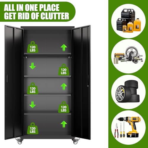 71" Metal Storage Cabinet with Wheels and Pegboard, Lockable Rolling Steel Storage Cabinet with 5 Adjustable Shelves and Door for Garage, Office