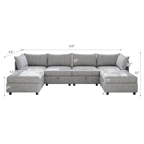 Oversized Modular Storage Sectional Sofa Customizable Seating Group Sofa&Couch Convertible Sleeper Sofabed with Movable Ottomans and Seat