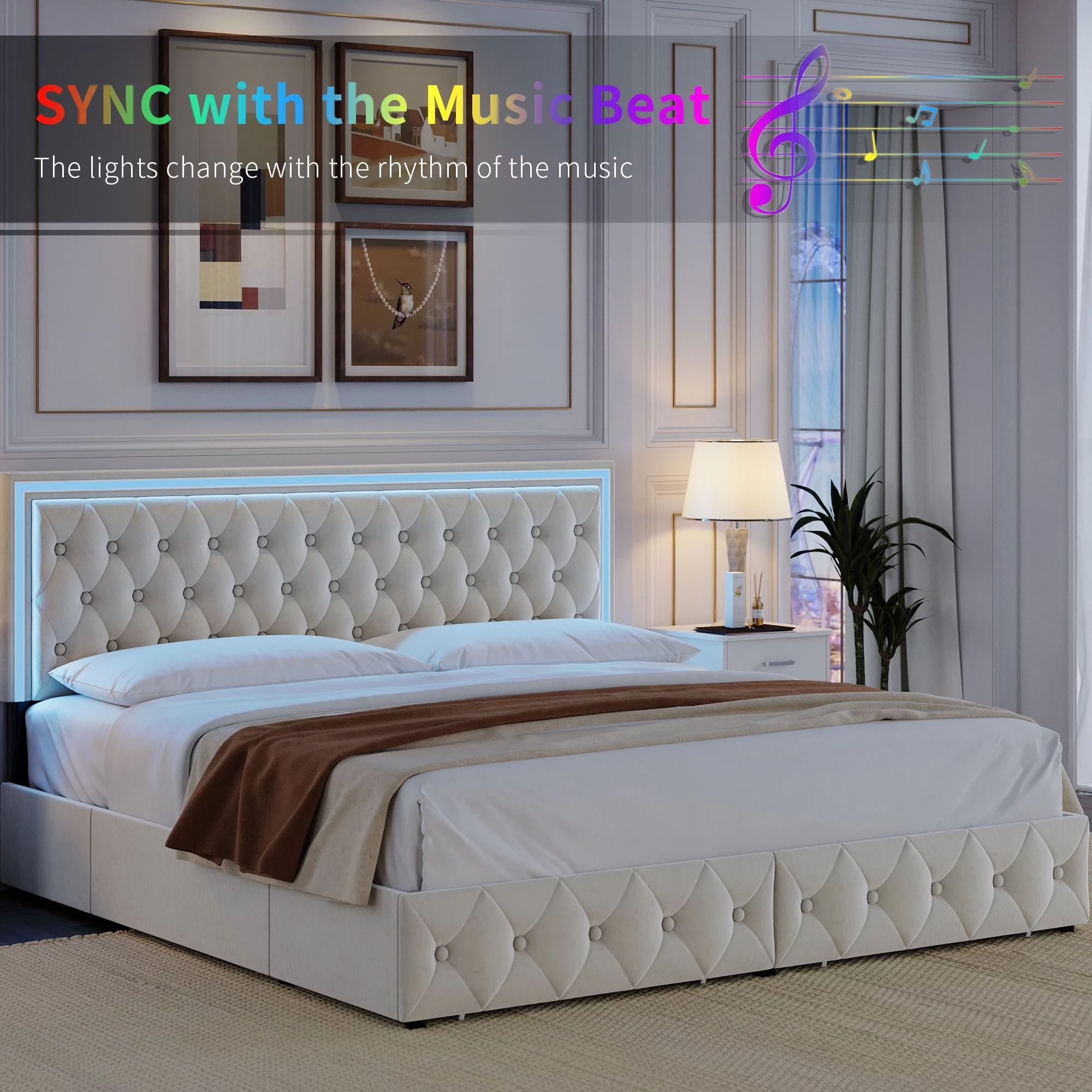 Homfa King LED Bed, 9 Colors LED Lights Platform Bed Frame with 4 Storage Drawers, Adjustable Upholstered Headboard with Button Tufted, Velvet Beige