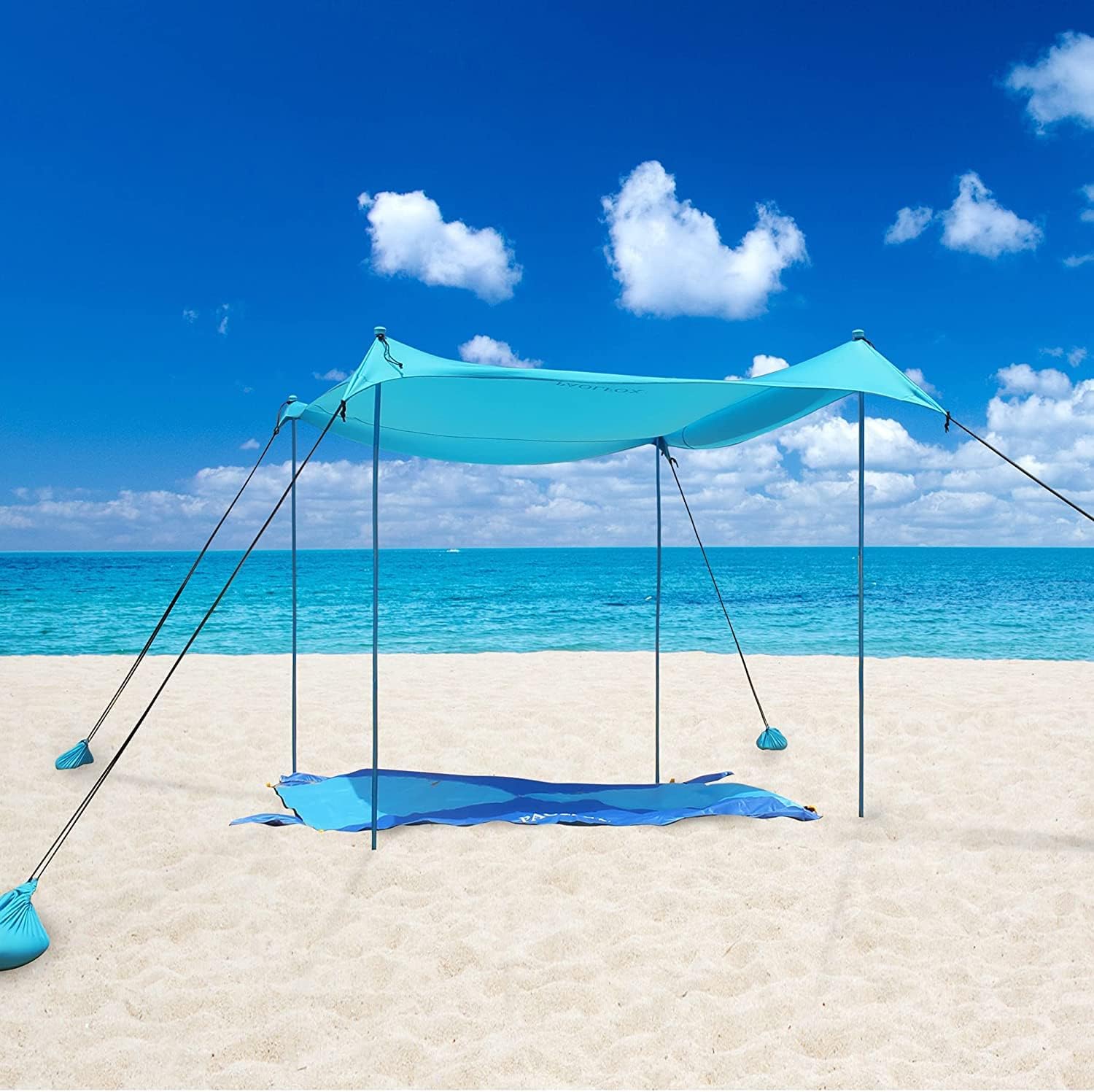 Pop Up Beach Tent Sun Shelter, Outdoor Shade Canopy with Sandbags, UPF50+ Portable Beach Tents Sun Shelter with 2 Aluminum Poles (Azure 4 Poles)