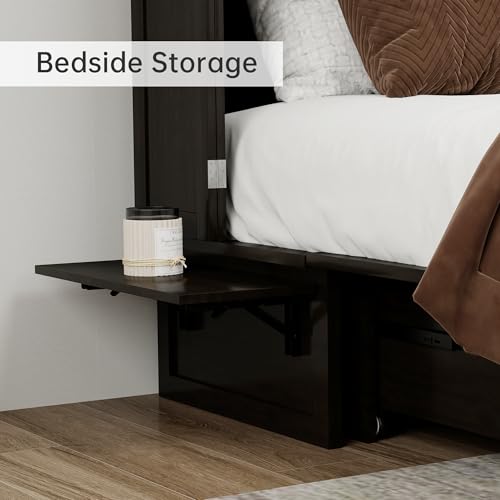 Murphy Bed Cabinet Full, Solid Wood Murphy Bed with 2 USB & 2 Charging Ports, Large Storage Drawer for Home Office or Small Space
