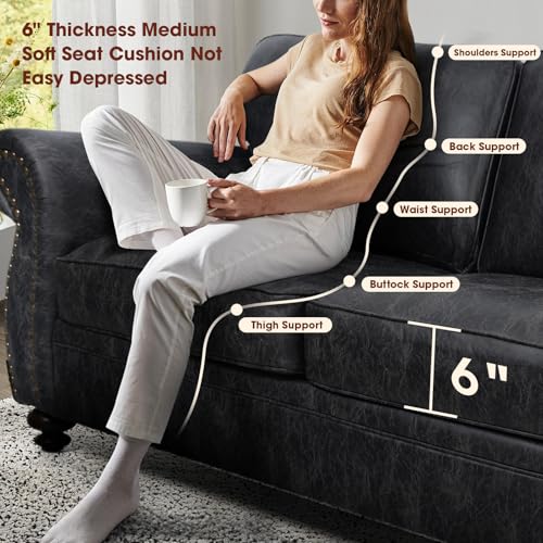 Mid-Century Vintage Sofa Couches with Rivet Design,3-Seater Sofa,Removable Sofa Cover Upholstered Cushions and Solid Wood Frame (Brown, 3-Seater)
