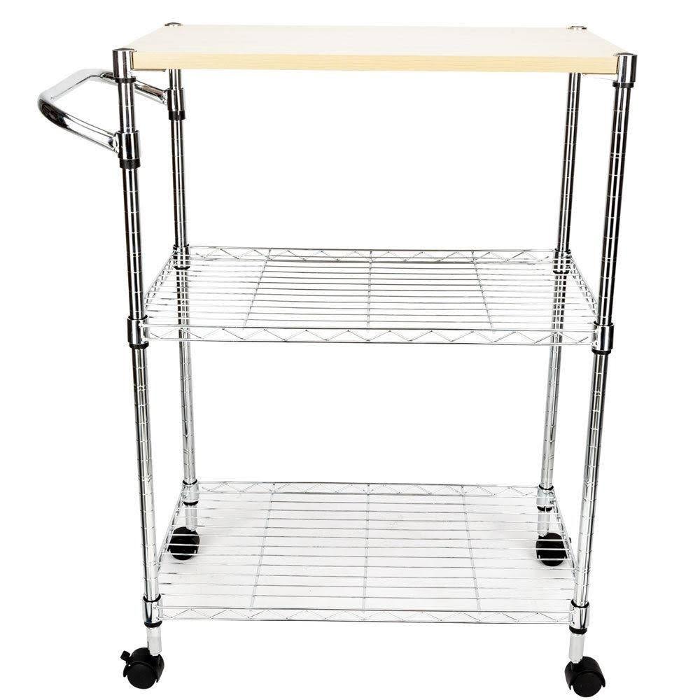 karlinc 3-Tier Rolling Kitchen Trolley Cart Steel Island Storage Utility Service Dining - Silver