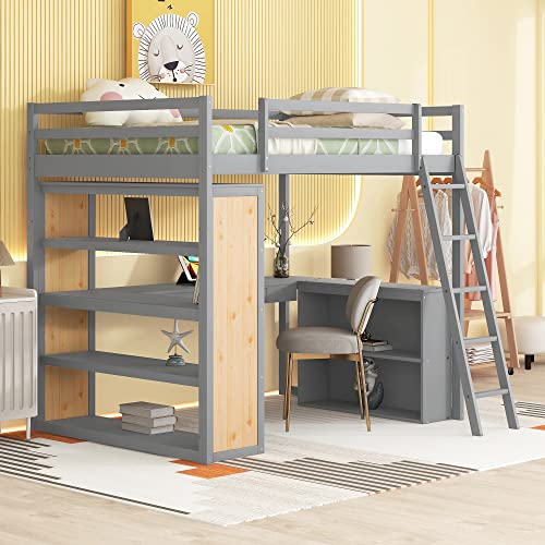 Twin Loft Bed with Staircase, Desk and Wardrobe, Wood Loft Bed with Storage Shelves and Safety Guardrail