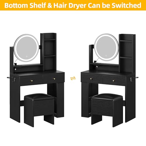 DWVO Vanity Desk with Mirror and Lights, Makeup Vanity Table Set with Power Outlets and Chair, 3 Lighting Colors