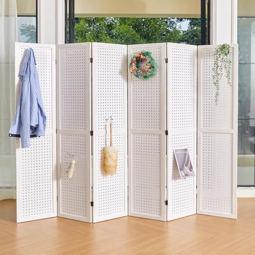 Pegboard Display, 5.6Ft Wooden Room Divider Folding Privacy Screens Portable Freestanding Wall Organizer for Retail Craft Art Display Board (4panels