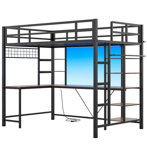 MSmask Loft Bed Twin Size with L Shaped Desk, LED Lights, Charging Station, Heavy Duty Metal Loft Bed Frame with 6 Storage Shelves