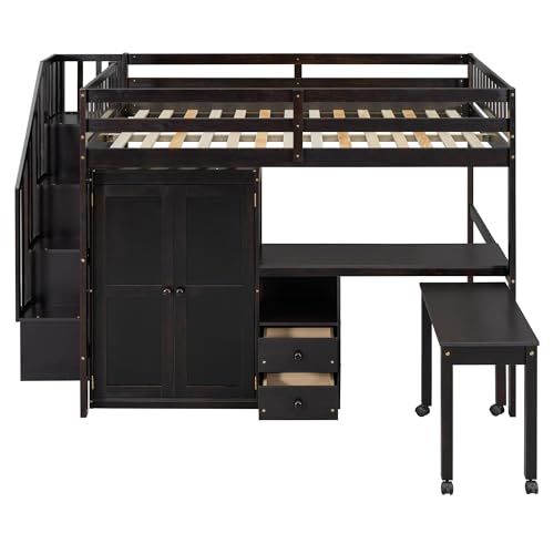 Harper & Bright Designs Twin Size Loft Bed with Stairs and Bookshelf, Wood Twin Storage Bed with Desk & Wardrobe