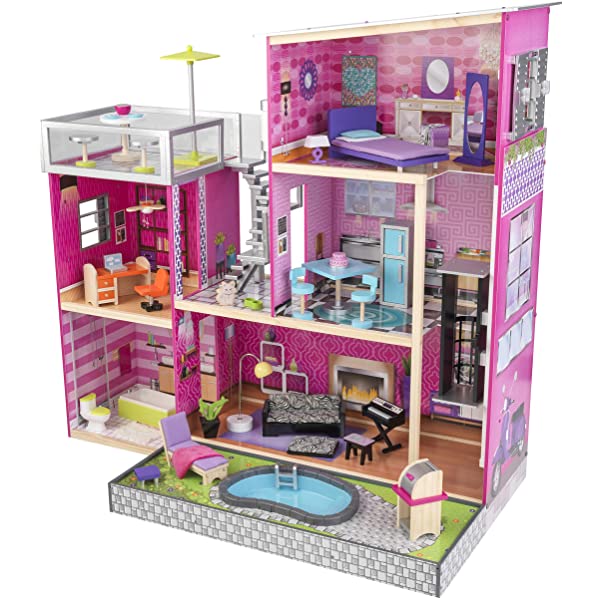 Wooden Modern Dollhouse with Lights & Sounds, Pool and 36 Accessories, Gift for Ages 3+ 49.25" x 25.25" x 46.25"
