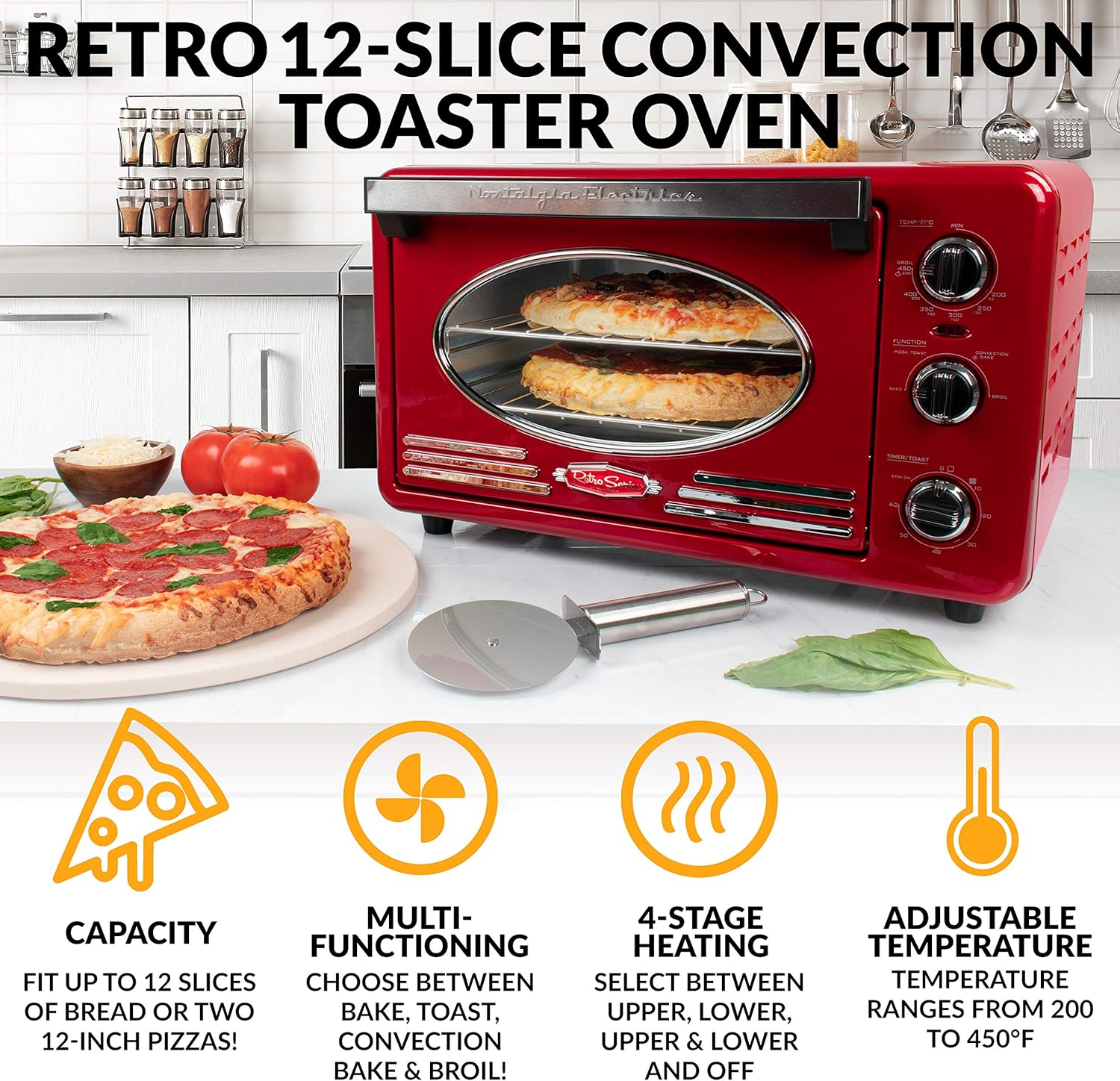 Nostalgia RTOV2RR Large-Capacity 0.7-Cu. Ft. Capacity Multi-Functioning Retro Convection Toaster Oven, Fits 12 Slices of Bread and Two 12-Inch Pizzas