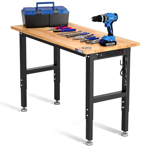 WORKPRO Adjustable Garage Workbench, 48"x22" Rubber Wood Top Heavy-Duty Work Desk with Power Outlets, Leveling Foot, 5 Heights