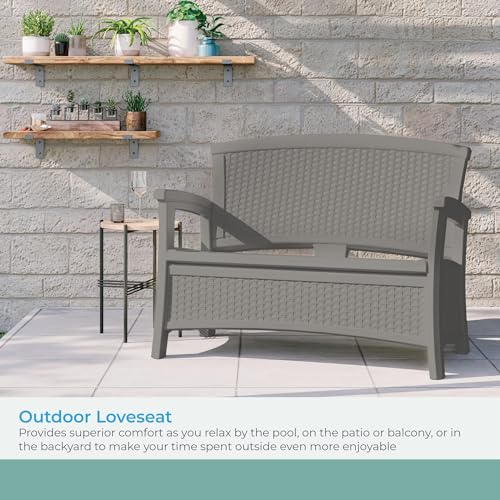 Suncast Elements Stylish Lightweight Loveseat Outdoor Seating with Convenient Built In Universal Storage, and All Weather Plastic, White