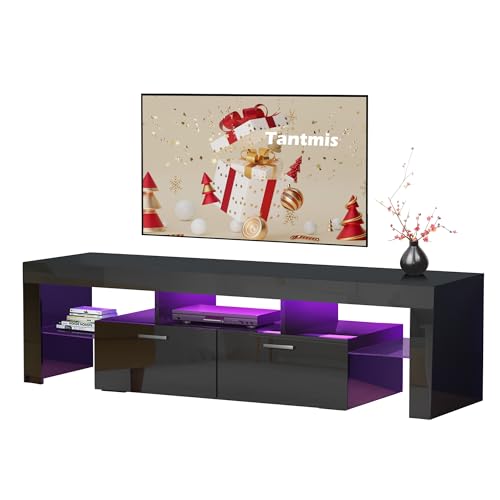 Modern High Gloss LED TV Stand for Flat Screens 50+/55/65 inch TV with Storage and Shelves for Living Room，Table Top Gaming Universal Oversized TV
