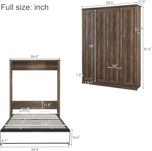 MERITLINE Queen Size Murphy Bed with Storage Bookcase Shelves,Cabinet and Charging Station,Wood Folding White Murphy Wall Bed