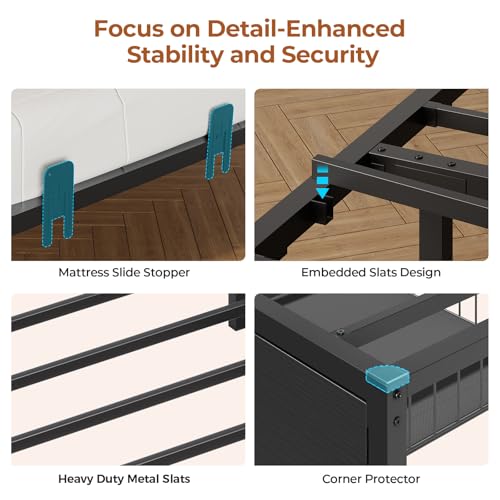 DICTAC Corner Full Bed Frame with Bookcase Storage and Led Lights Full Size Metal Platform Bed Frame with Storage Drawers & Charging Station Full