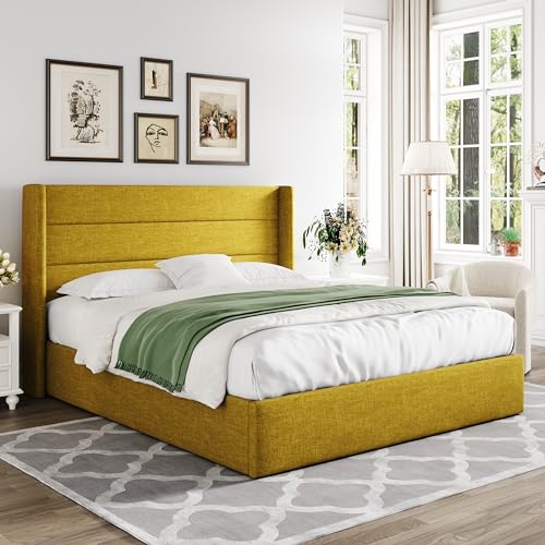 Allewie Full Size Lift Up Storage Bed, Modern Wingback Headboard, Hydraulic Support, No Box Spring Needed, Light Beige