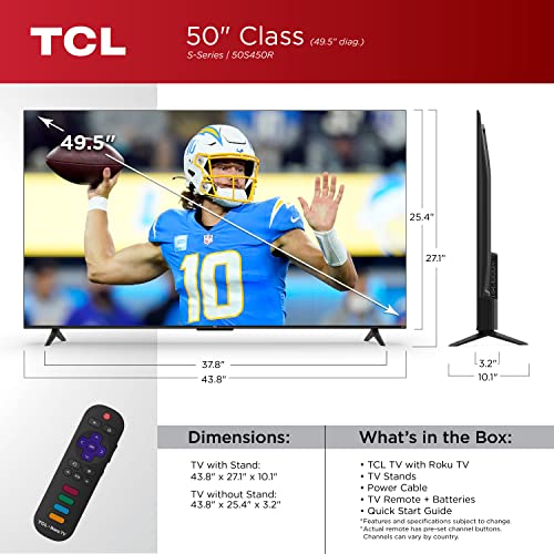 TCL 43-Inch Class S4 4K LED Smart TV with Roku TV (43S450R, 2023 Model), Dolby Vision, HDR, Dolby Atmos, Works with Alexa