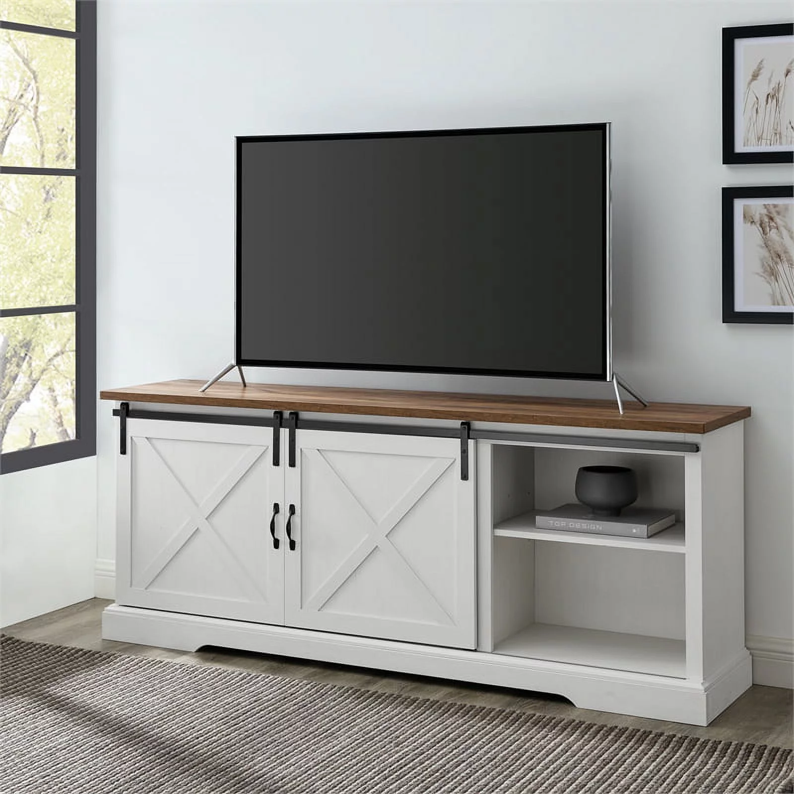 Walker Edison Sliding Barn Door 70" Farmhouse Wood TV Stand in White/Black