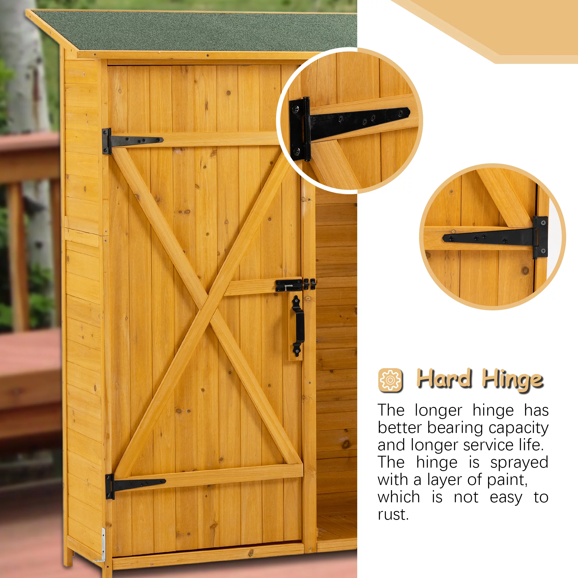CASEMIOL Patio Storage Shed with Detachable Shelves and Hooks, Outdoor Wood Shed with Waterproof Pitch Roof, Backyard Shed with Lockable Door