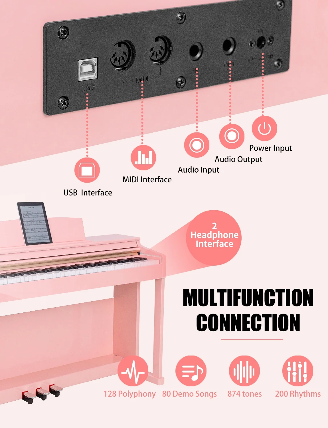 UMP-100 88 Key Weighted Keyboard Piano with Furniture Stand｜Power Adapter｜Triple Pedal & MIDI Connecting